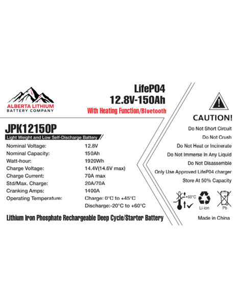 Alberta Lithium 150AH / 1400CCA Starter/ Deep Cycle LiFePO4