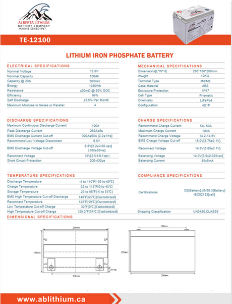 Alberta Lithium 12V / 100AH Deep Cycle LiFePO4